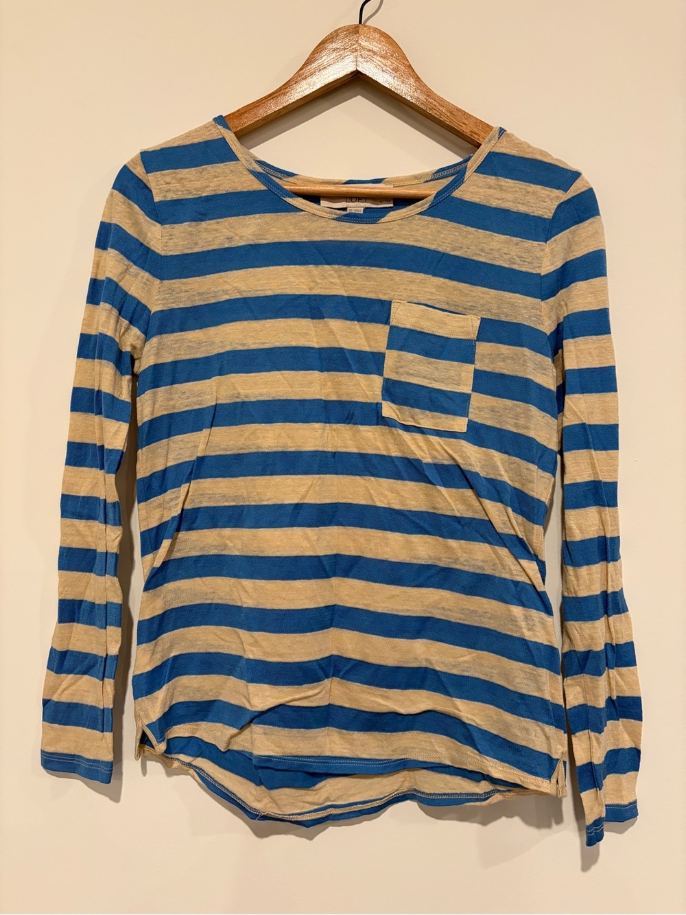 LOFT Size SP Blue Beige Striped Linen Cotton Blend Long Sleeve Pocket Tee Top